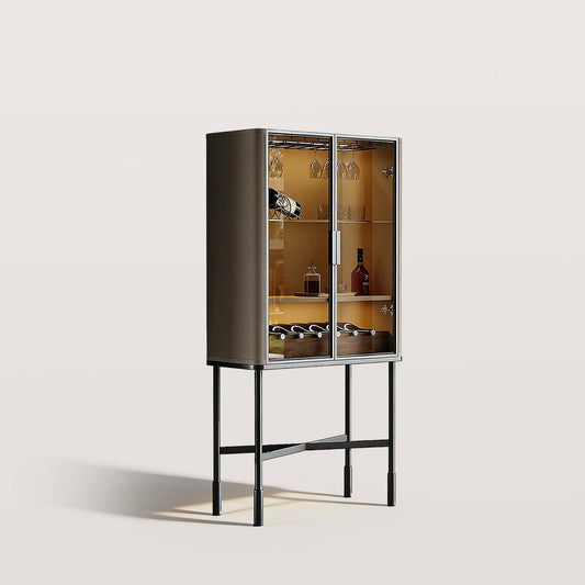 Stone Glass-Fronted Bar Cabinet with Saddle Leather Layer