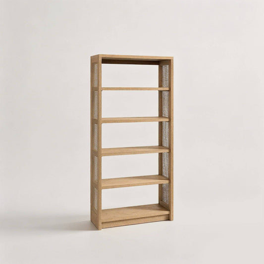Rattan Bookcase Open Wood Bookshelf with Woven Side Panels