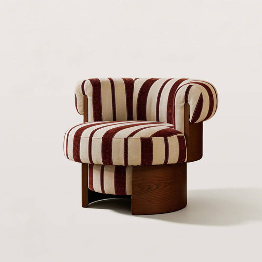 Retro Striped Swivel Armchair with Curved Backrest and Wood Base