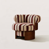 Retro Striped Swivel Armchair with Curved Backrest and Wood Base