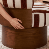 Retro Striped Swivel Armchair with Curved Backrest and Wood Base