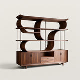 Oriental Wave-Curved Wood Display Cabinet with 4 layers