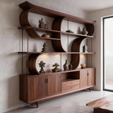 Oriental Wave-Curved Wood Display Cabinet with 4 layers