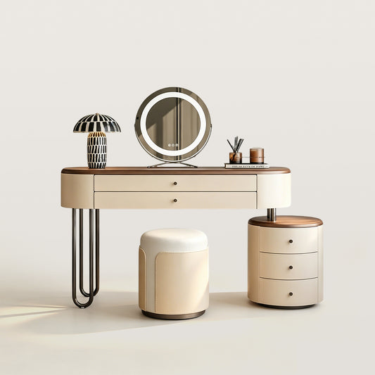 Makeup Vanity Table with LED Mirror and Round Side Cabinet