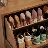 Louvered Flip-Down Shoe Cabinet with Natural Wood Grain