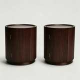 Round Fluted Wooden Nightstand with Hidden Door
