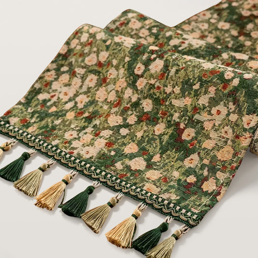 Vintage Rustic Table Runner with Colorful Tassel Fringe