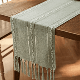 Linen Textured Table Runner with White Embroidery Pattern