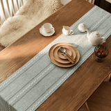 Linen Textured Table Runner with White Embroidery Pattern