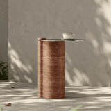 Side Table with Stainless Steel Tabletop and Curved Travertine Base