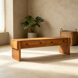 Mid Century Wood Entryway Bench with 2 Large Drawers