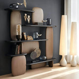 Asymmetrical Display Shelf with Wood Panels and Gloss Shelves