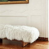 High-End Fluffy Sheepskin Covered Bench with Walnut Base