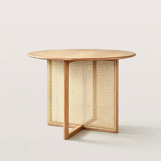 Round Wood Dining Table with Woven Rattan Panels