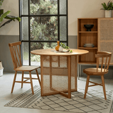Round Wood Dining Table with Woven Rattan Panels