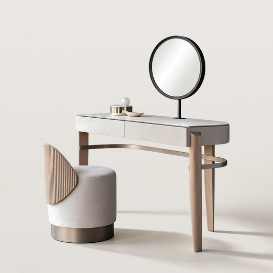 Modern Makeup Vanity with Circular Mirror and Upholstered Stool
