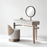 Modern Makeup Vanity with Circular Mirror and Upholstered Stool