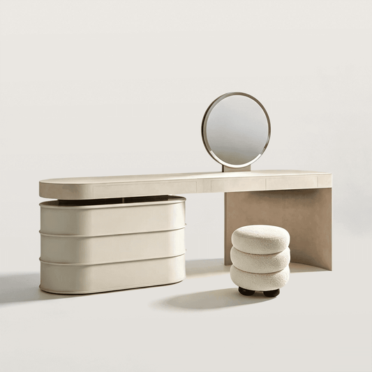 Modern Makeup Vanity Desk with Large Side Cabinet and Boucle Stool