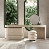 Modern Vanity Desk with Stacked Bouclé Stool and Storage Cabinet