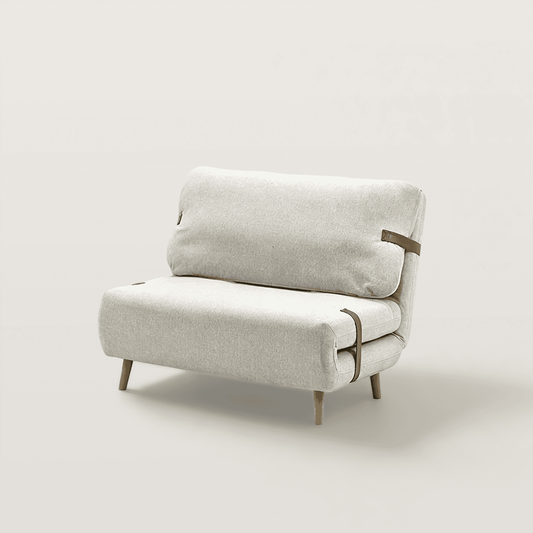 Modern Foldable Sofa Bed with Wood Legs and Leather Straps
