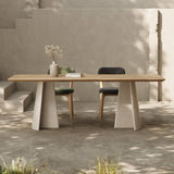 Wood Dining Table with Stone Finish Pedestal Bases