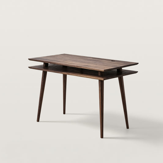 Modern Two-Tier Desk with Cable Management and Tapered Legs