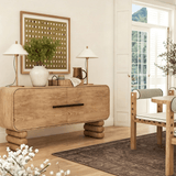 Modern Storage Cabinet with Stacked Legs and Beaded Handles