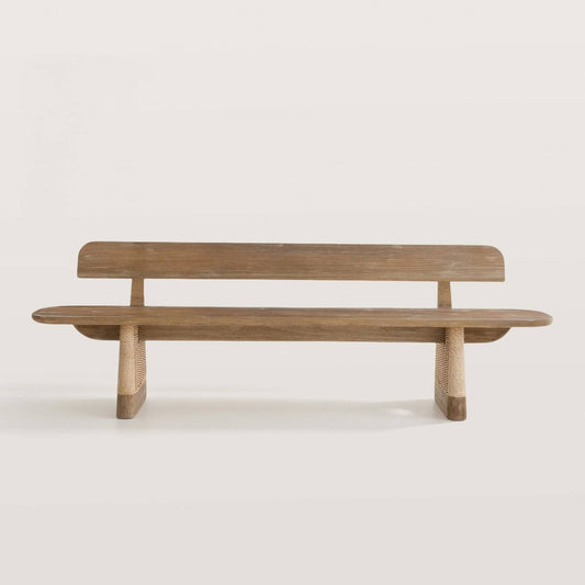 Outdoor Dining Bench with Backrest and Wood Legs