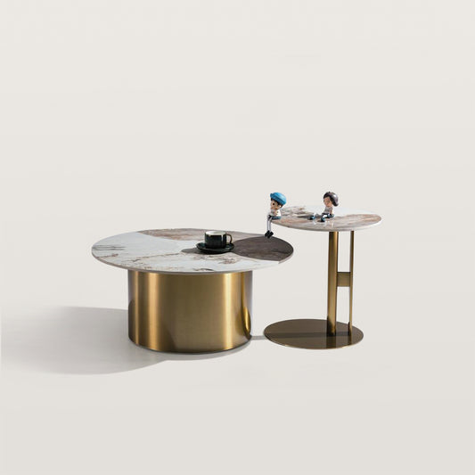 Rock Slab Combination Round Coffee Table with Golden Base