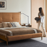 French Retro Bedroom Double Bed with Cowhide And Wood