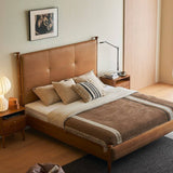 French Retro Bedroom Double Bed with Cowhide And Wood