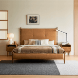 French Retro Bedroom Double Bed with Cowhide And Wood