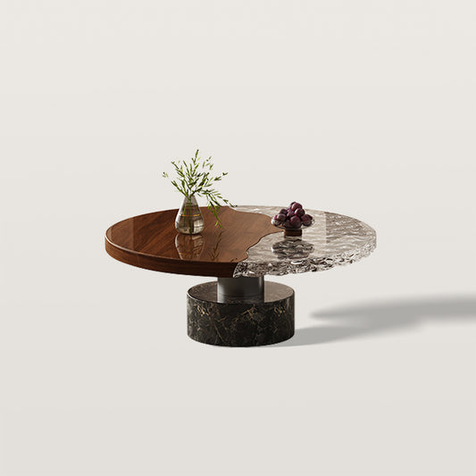 Walnut Marble Round Coffee Table with Vintage Crystal