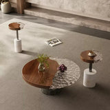 Walnut Marble Round Coffee Table with Vintage Crystal