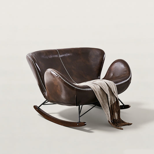 Vintage Leather Rocking Chair with Decorative Cross Stitching