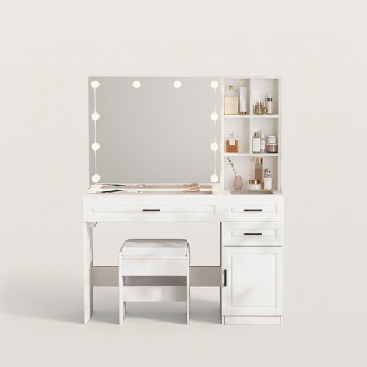 3 Drawer Makeup Vanity with Glass Top and Lights