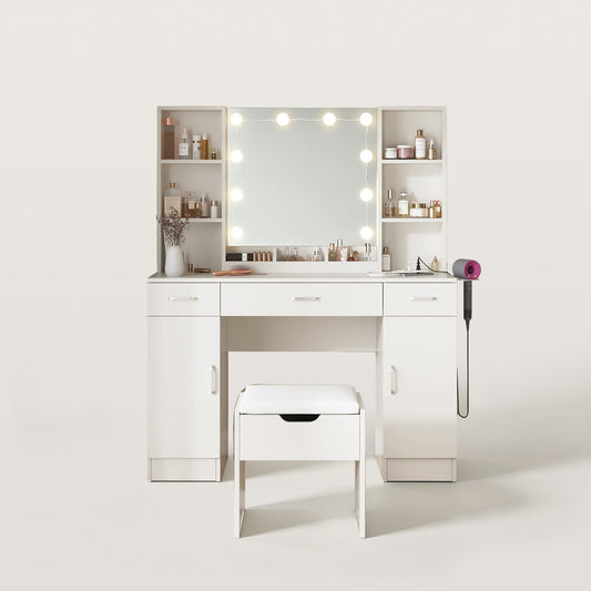 Makeup Vanity Table with Lighted Mirror and Power Strip