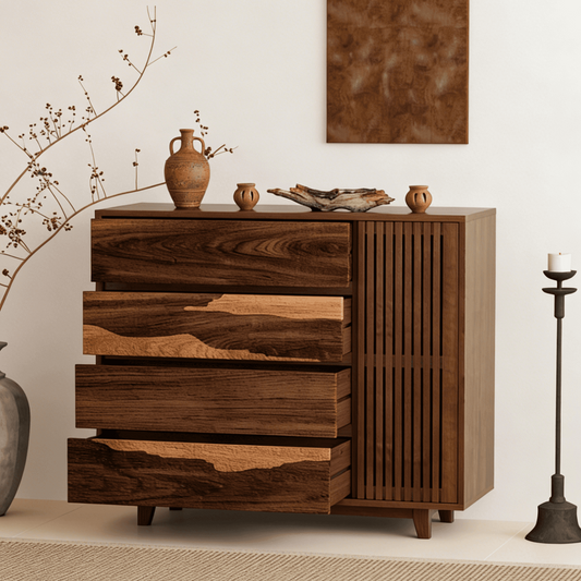 Mid-Century Sideboard with Slatted Door & Spacious Drawers