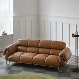 Retro Leather Sofa with Industrial Metal Support for Living Room