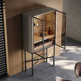 Stone Glass-Fronted Bar Cabinet with Saddle Leather Layer