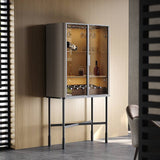 Stone Glass-Fronted Bar Cabinet with Saddle Leather Layer