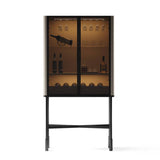 Stone Glass-Fronted Bar Cabinet with Saddle Leather Layer
