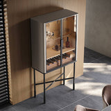 Stone Glass-Fronted Bar Cabinet with Saddle Leather Layer