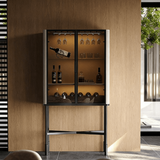 Stone Glass-Fronted Bar Cabinet with Saddle Leather Layer