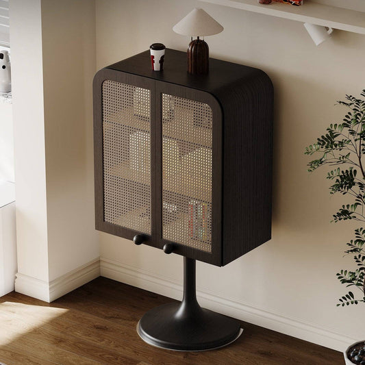 Mid-Century Rattan Storage Cabinet with Stainless Steel Base