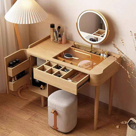 Fluted Makeup Vanity with LED Mirror & Upholstered Stool