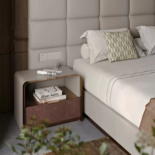 Modern Curved Nightstand with Rattan Woven Drawer