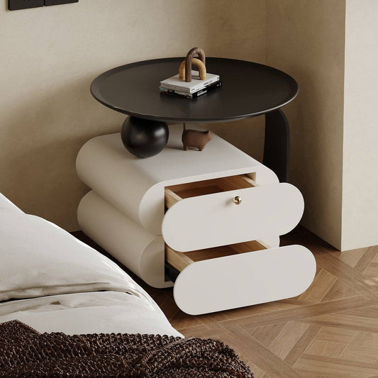 Modern Sculptural 2-Drawer Nightstand with Black Tray top
