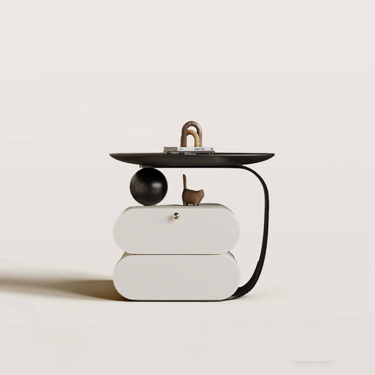 Modern Sculptural 2-Drawer Nightstand with Black Tray top