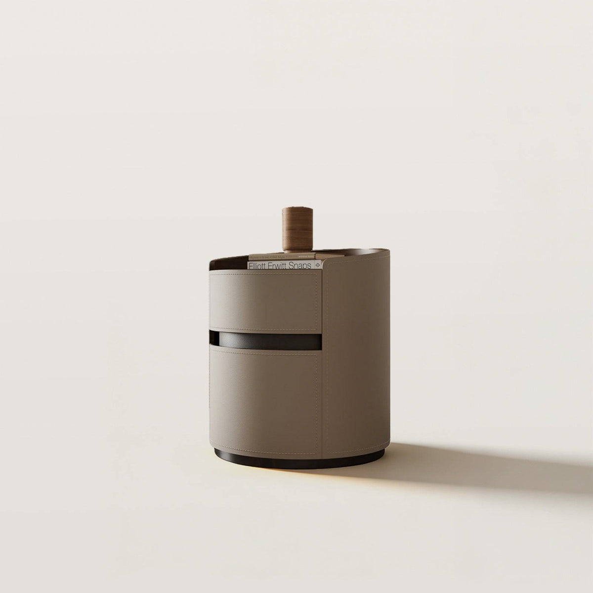 Modern Cylindrical Side Table Nightstand with Saddle Leather